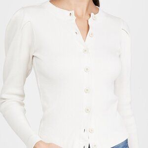 AMO L Off-White Puff Sleeve Cardigan Button Up Ribbed